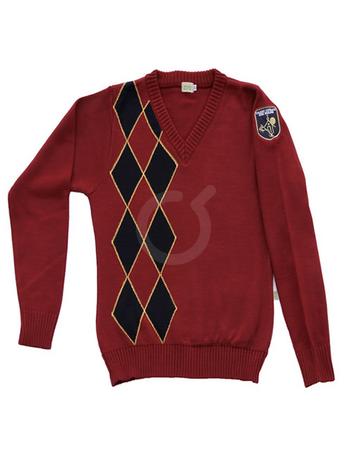 <p>Saco cuello en V. Vino con rombos azul/mostaza. Sello en manga. Lana. Cintura marcada. Mangas entalladas.</p>

<p>&nbsp;</p>
